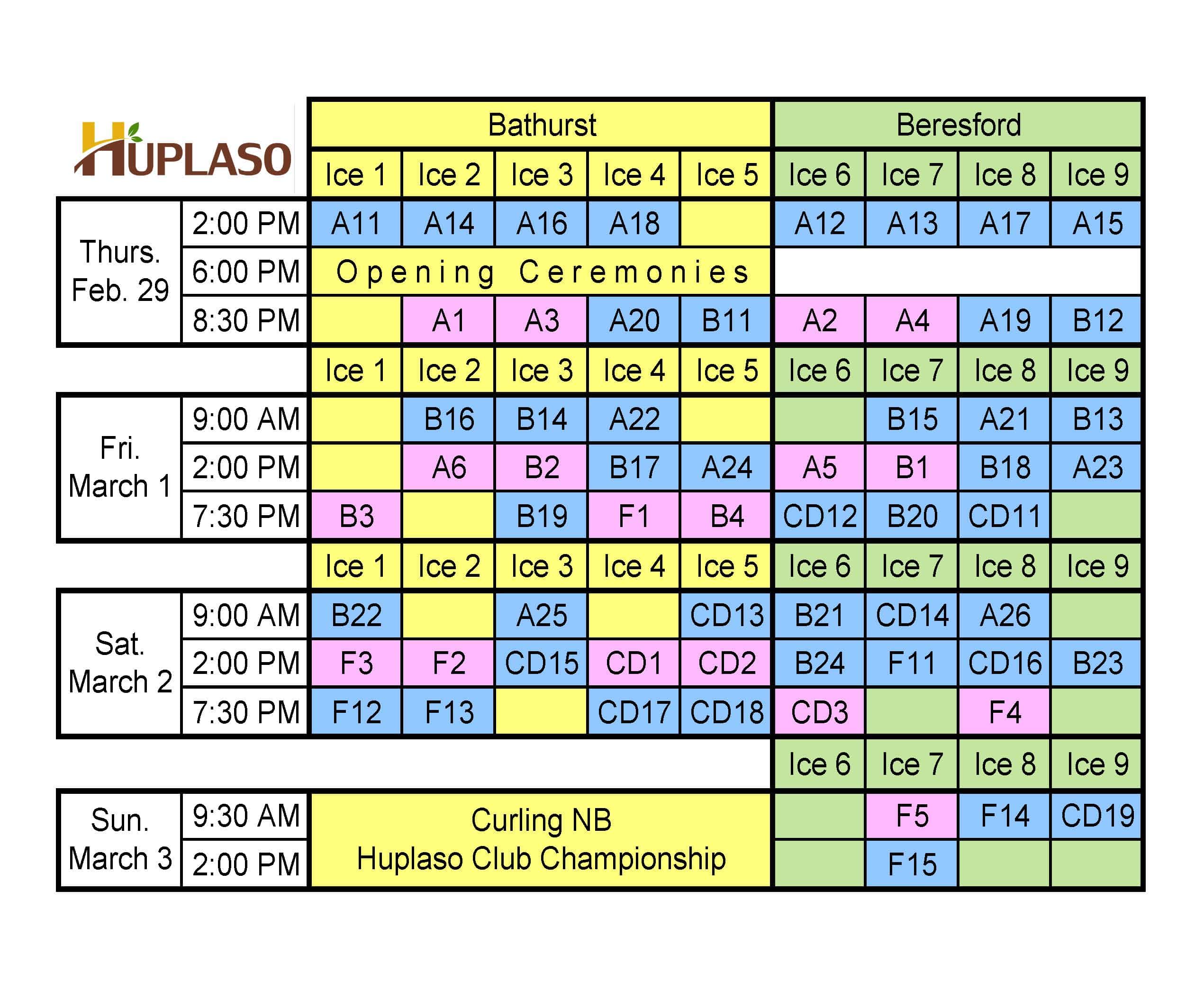Schedule for the Bathurst Curling Club Tournament